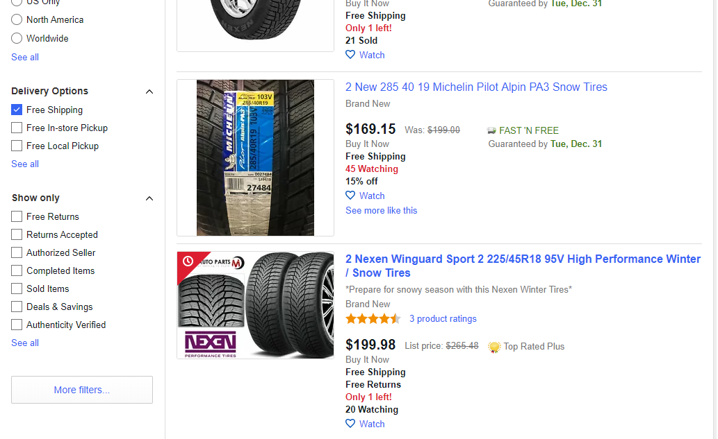 Snow Tires on eBay with Free Shipping