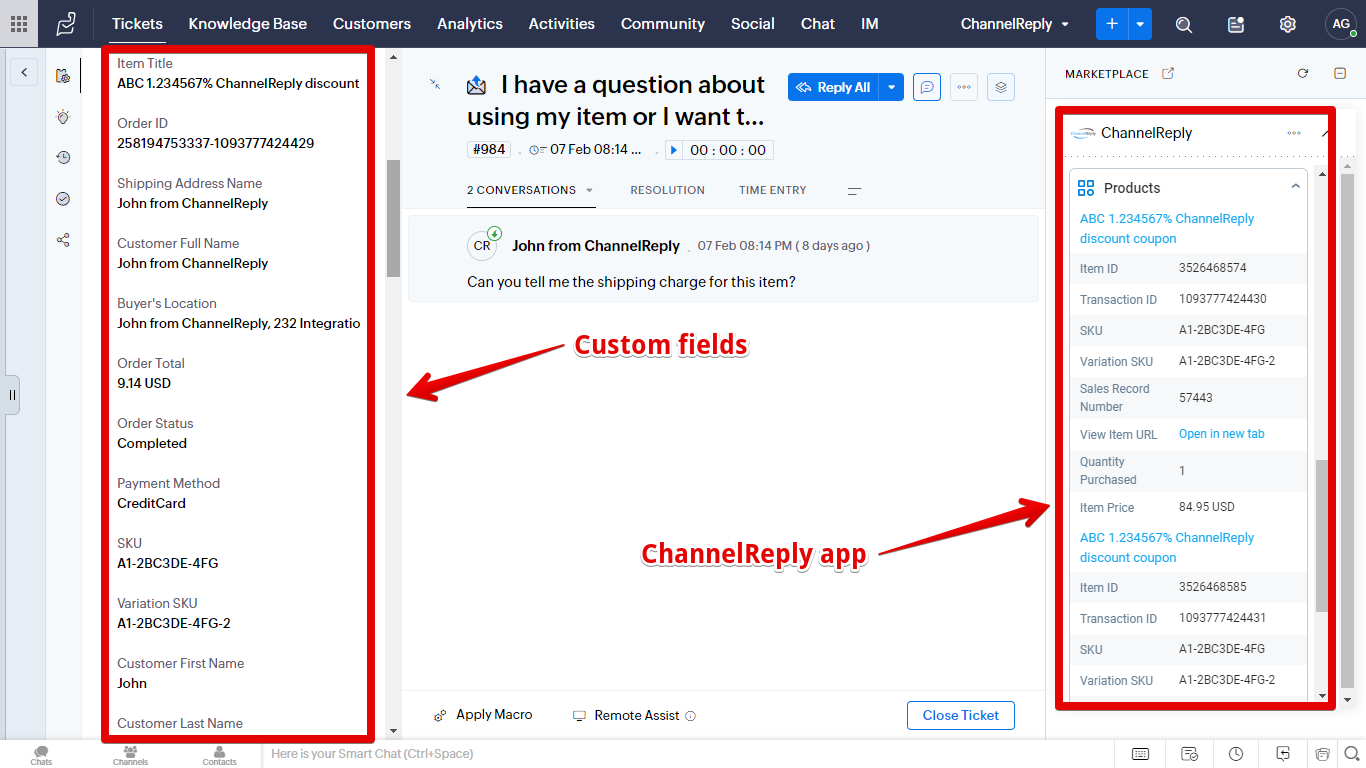 The ChannelReply app on the right and custom fields on the left of a Zoho Desk ticket